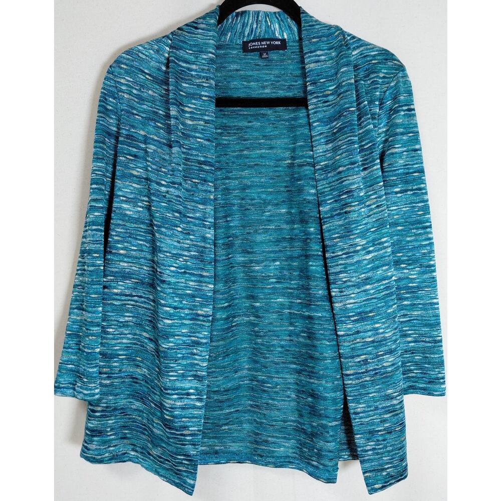 Jones New York Collection Blue Knit Cardigan Solid 3/4 Sleeve Size M
